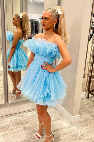 Cute A Line Strapless Blue Short Homecoming Dress with Ruffles