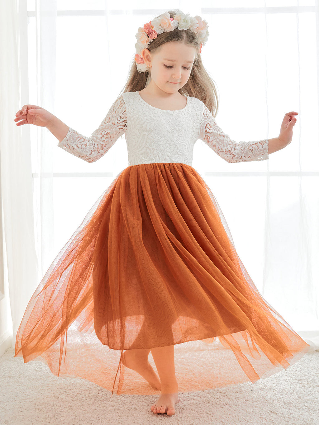 Vestido de niña de las flores de tul, manga larga, corte línea A, encaje blanco angelical 