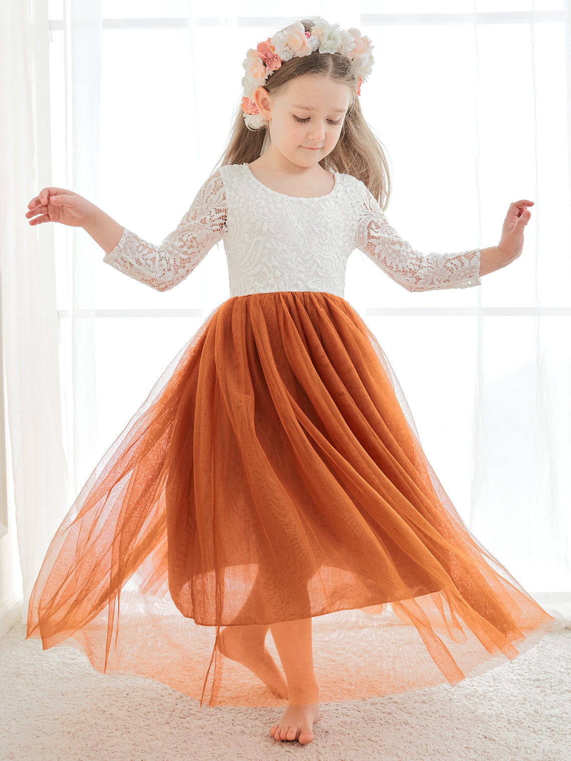 Vestido de niña de las flores de tul, manga larga, corte línea A, encaje blanco angelical 