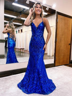 Vestido largo de fiesta ajustado de sirena rosa con escote en V y espalda descubierta con purpurina y escote en V