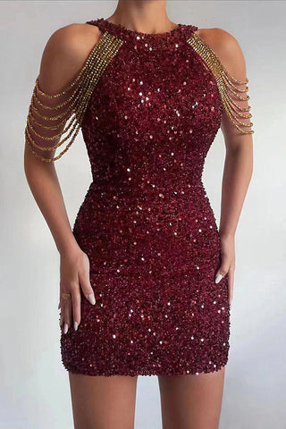 Robe cocktail mini à sequins et franges sur les épaules, vue glamour 