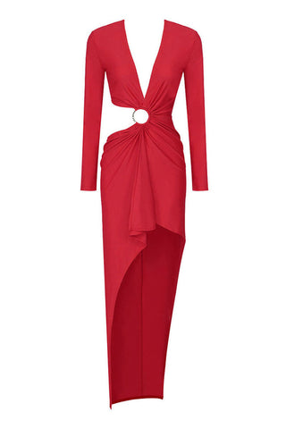 Vestido de noche Diva con escote en V profundo, detalle de cristal y aro recortado, volantes fruncidos, corte asimétrico. 