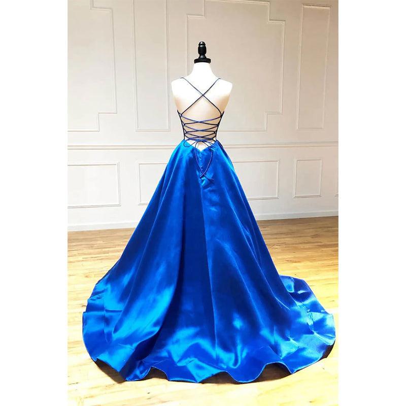 Robe de bal trapèze simple en satin bleu roi à col en V et bretelles spaghetti 