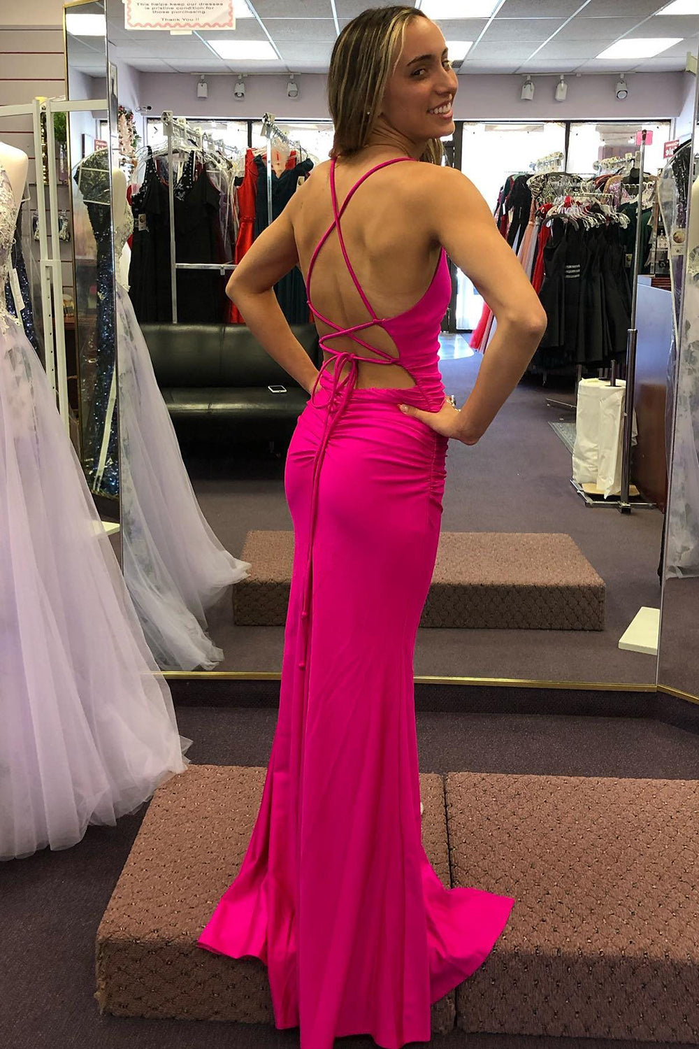 Sheath Spaghetti Straps Hot Pink Long Prom Dress with Silt