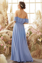 Robe de demoiselle d'honneur en mousseline bleue à épaules dénudées