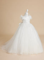 Vestido de princesa color marfil con apliques de encaje y cola de tul para niñas 