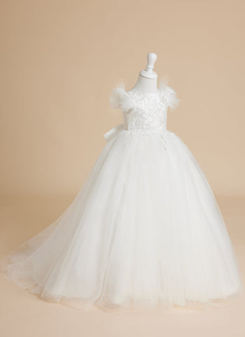 Robe de bal princesse ivoire avec applications de dentelle et traîne en tulle pour filles 