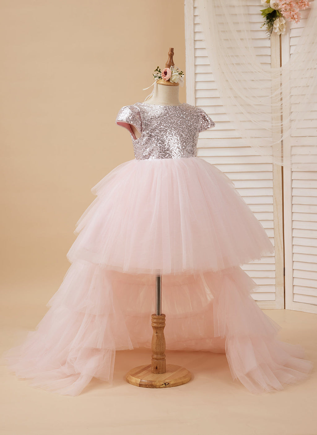 Vestido de princesa/vestido de tul rosa para niña de las flores de cumpleaños 
