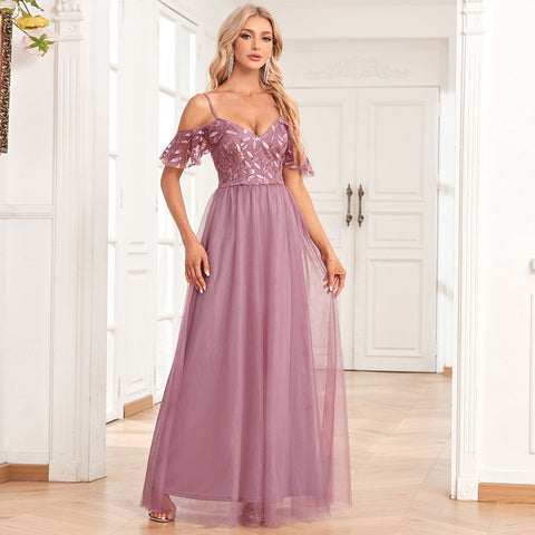 Vestido largo de fiesta para mujer, elegante, con hombros descubiertos, tirantes, manga larga, escote en V doble, tul, bordado de lentejuelas y corte acampanado. 