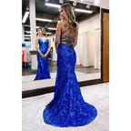 Vestido de fiesta de sirena con apliques de lentejuelas y escote en V sexy y purpurina