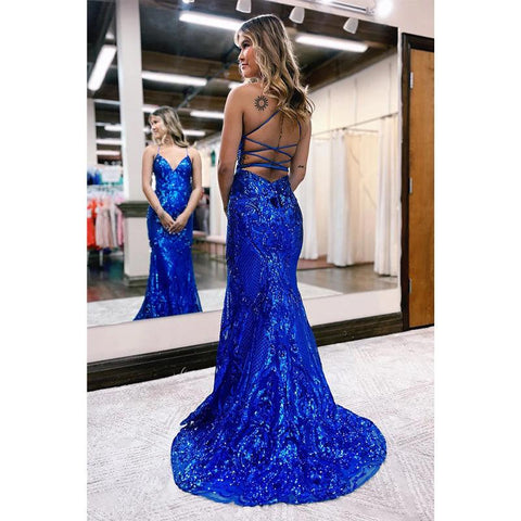 Robe de bal sirène sexy à paillettes et col en V