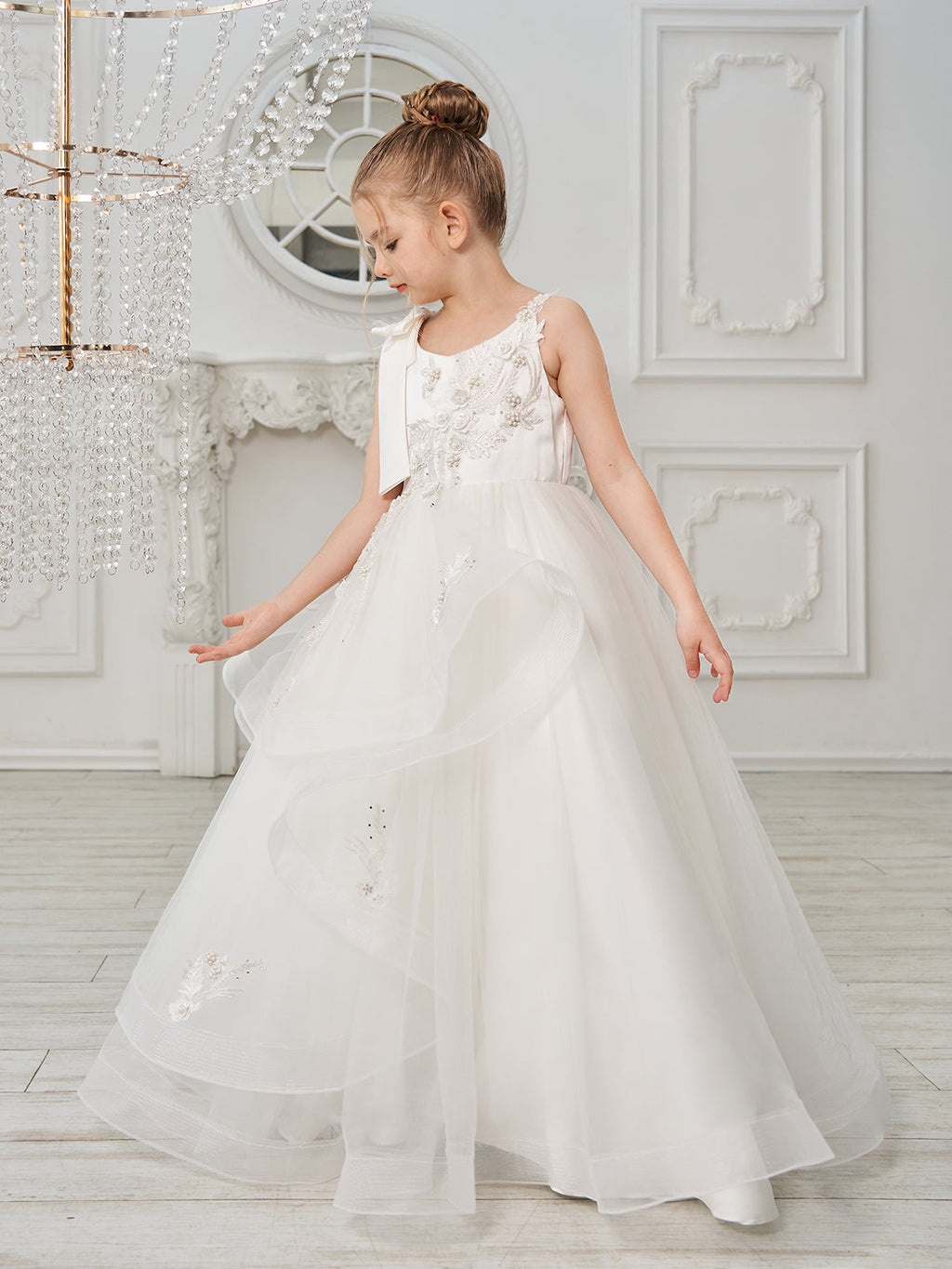 Vestido de princesa/vestido de tul hasta el suelo para niña de las flores de la primera comunión 