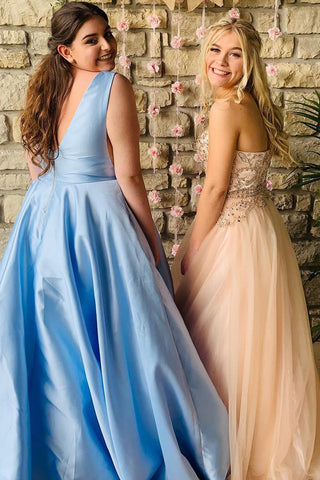 A Line Deep V Neck Light Blue Plus Size Prom Dress