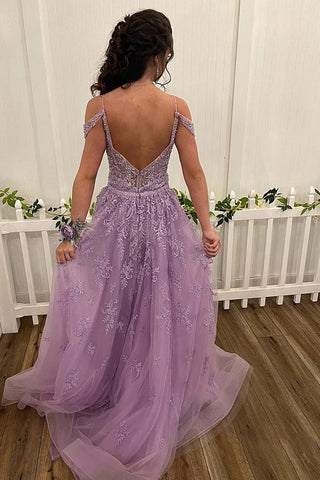Elegant A Line Off the Shoulder Lilac Long Prom Dress with Appliques