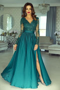 Vestido largo de fiesta con apliques, mangas largas y abertura, ¡en oferta!