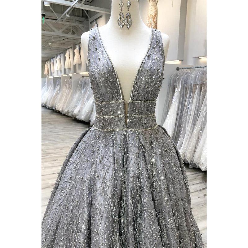 Plunging V-neck Grey Lace Gown Long Prom Dress