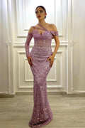 Precioso vestido de fiesta de sirena con lentejuelas lavanda, un solo hombro y mangas largas.