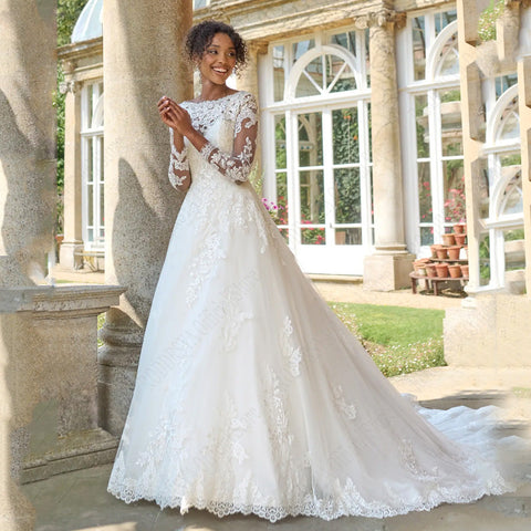 Robes de mariée civiles pour 2024, manches longues, dos nu, décolleté rond, coupe trapèze, dentelle appliquée, vestido de noiva 