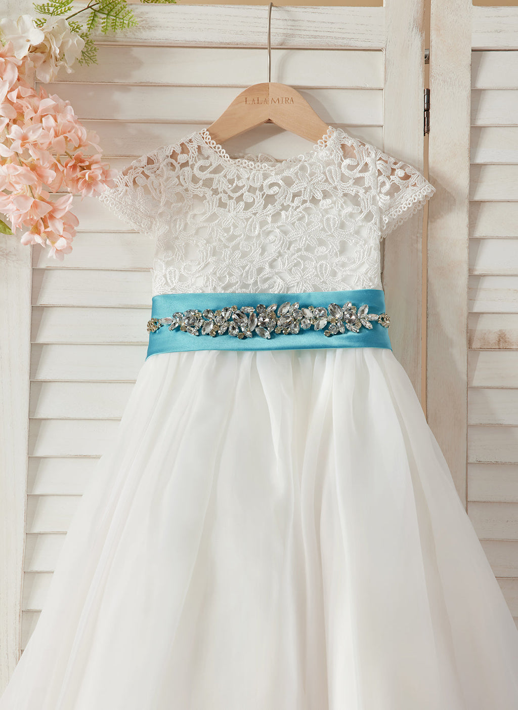 Vestido de niña de las flores color marfil, corte en A, de organza de encaje, hasta el tobillo 