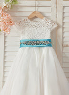 Vestido de niña de las flores color marfil, corte en A, de organza de encaje, hasta el tobillo 