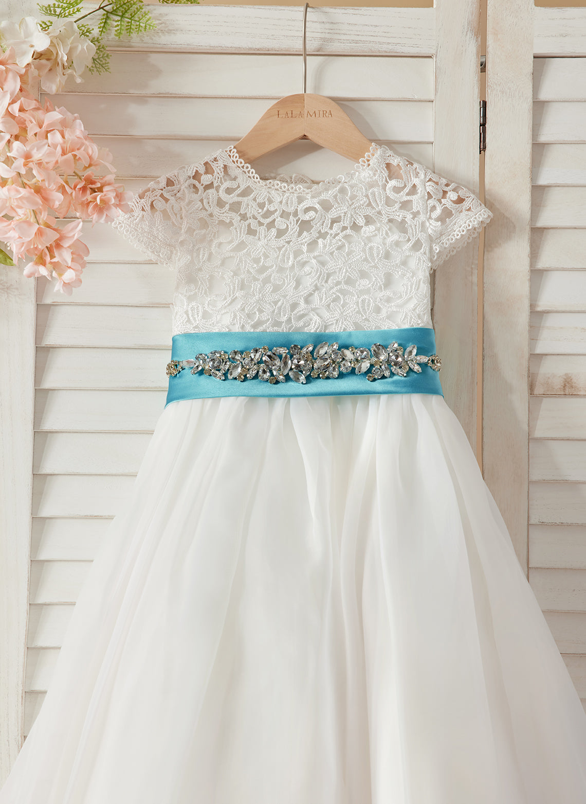 Vestido de niña de las flores color marfil, corte en A, de organza de encaje, hasta el tobillo 