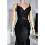 Vestido de fiesta de noche con lentejuelas y escote en V, estilo sirena, glamuroso y dramático, con tirantes finos