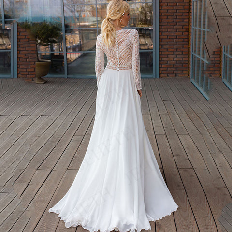 Wedding Dresses Long Sleeves Bohemian Illusion Lace Appliqued Chiffon Bridal Gowns Beach V-Neck A Line Robes De Mariée