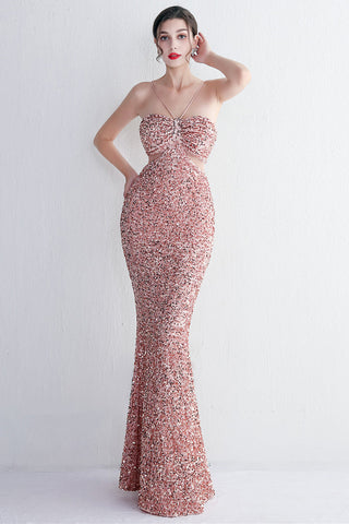 Vestido largo de fiesta negro con lentejuelas, estilo sirena, escote halter y abertura en forma de ojo de cerradura