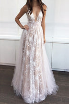 Robe de bal longue champagne avec dentelle