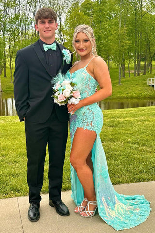 Spaghetti Straps Appliques Prom Dress with Slit