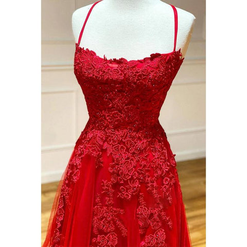 Unique Scoop Tulle Appliques Red Senior Prom Dress
