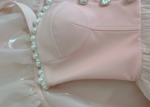 Simple Halter Pink Tulle Pearls Beaded High-Low Ruffles Homecoming Dress Party Dress Y8582