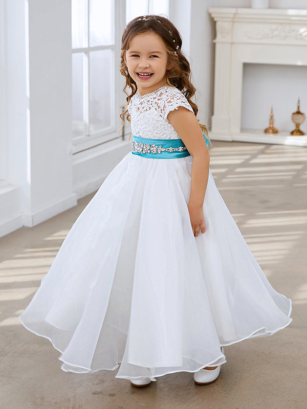 Vestido de niña de las flores color marfil, corte en A, de organza de encaje, hasta el tobillo 