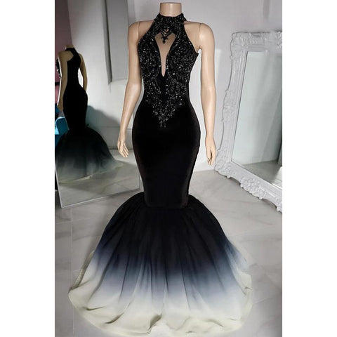 Vestido de fiesta de noche con cuentas, sin mangas, cuello alto y corte trompeta/sirena