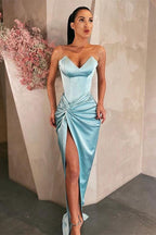 Robe de bal longue bleu ciel à col en V et fente sensuelle