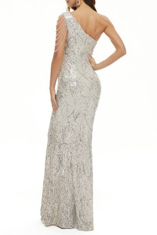 Vestidos de noche elegantes con lentejuelas sólidas y cuello oblicuo de celebridades 