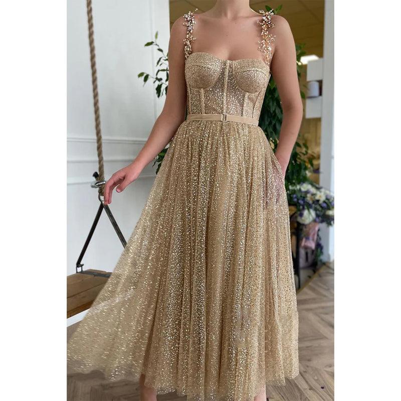 Robe de bal scintillante à paillettes champagne chérie 