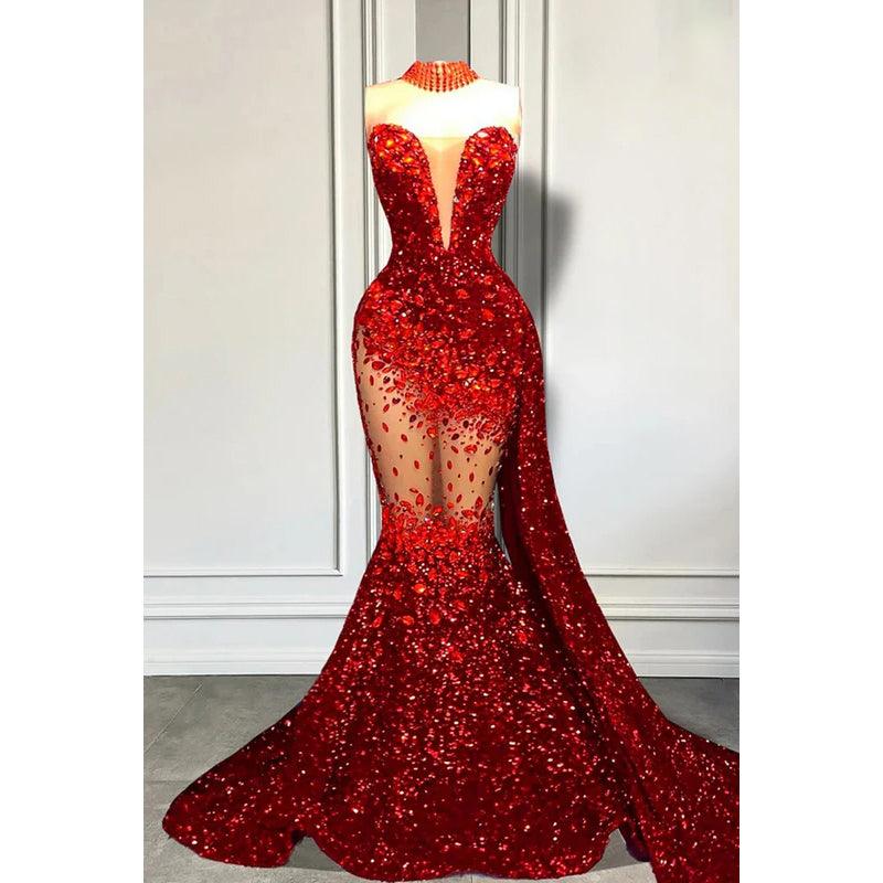 Robe de soirée sirène sexy et tendance, col en V, sans manches, à volants, entièrement pailletée