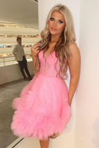 Vestido rosa de fiesta estilo princesa, corte A, tirantes finos, corsé y volantes
