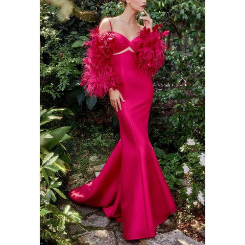 V-Neck Feather Long Sleeves Cut Outs Satin Mermaid Long Prom Evening Dress
