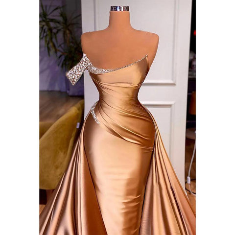 Robe de soirée longue bustier plissée à perles 