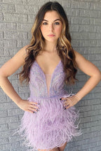 Beaded Sequins Tight Homecoming Dress with Feathers