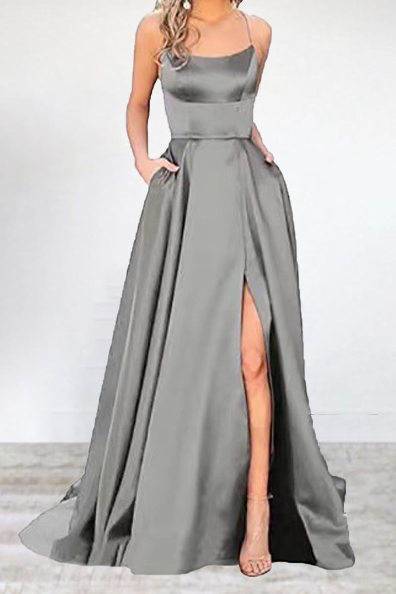 Vestidos de noche sexys, formales, de color liso, con escote en U y abertura alta. 