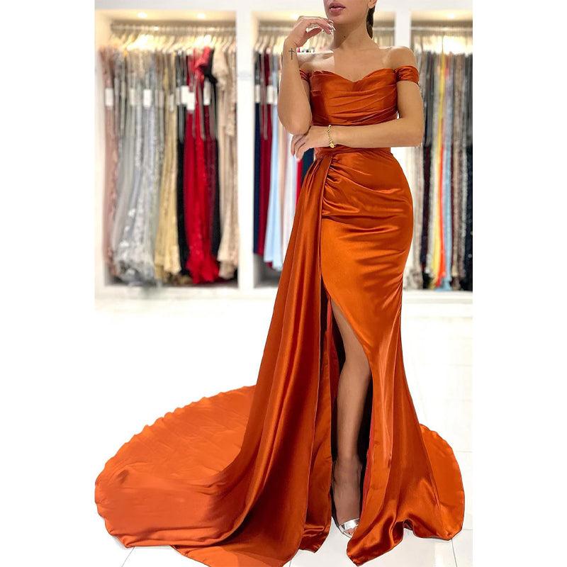 Vestidos de fiesta formales largos con escote en forma de corazón, pliegues y abertura alta