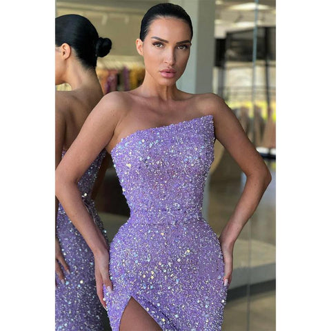 Robe de bal longue et scintillante, sans bretelles, fendue sur le côté