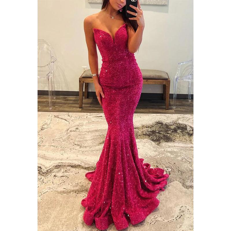 Vestido de noche sexy con escote en V, sin tirantes, con lentejuelas y corte trompeta para fiesta y graduación 
