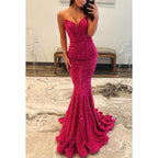 Vestido de noche sexy con escote en V, sin tirantes, con lentejuelas y corte trompeta para fiesta y graduación 