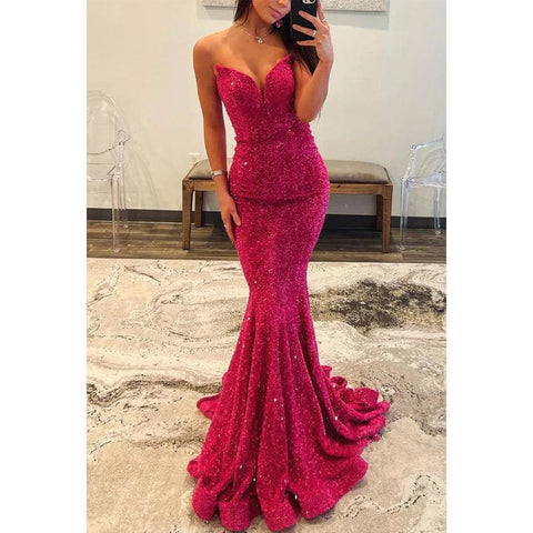 Robe de soirée sexy à paillettes, décolleté en V, sans bretelles, style trompette 