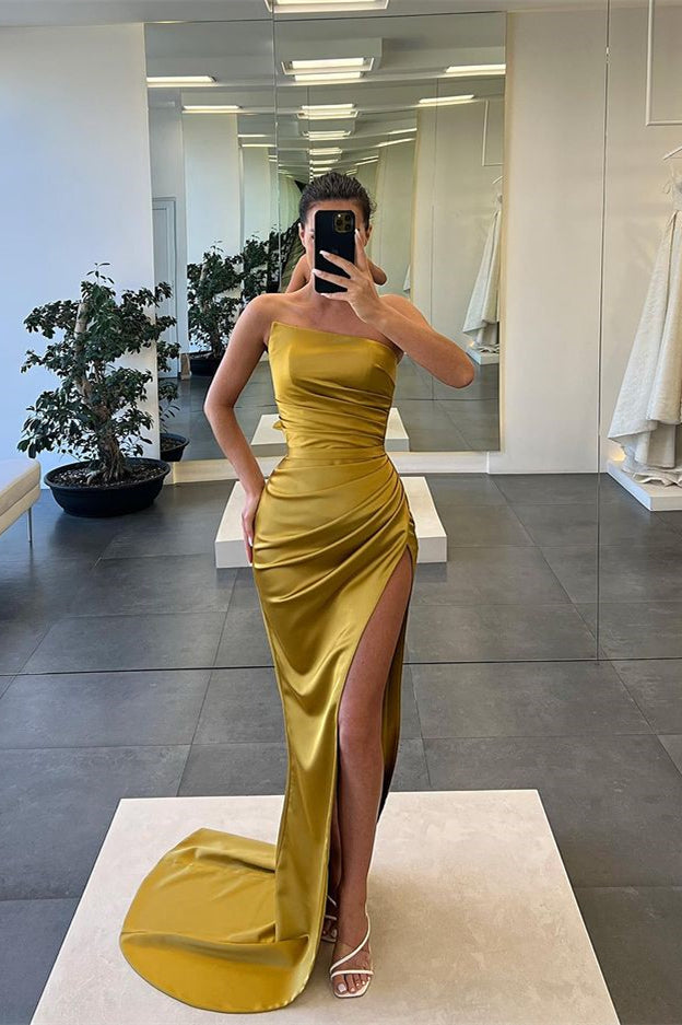 Long Mermaid Strapless Sleeveless Satin Prom Dress with Slit