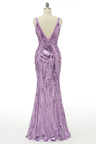 Robe de bal sirène violette à sequins et col en V